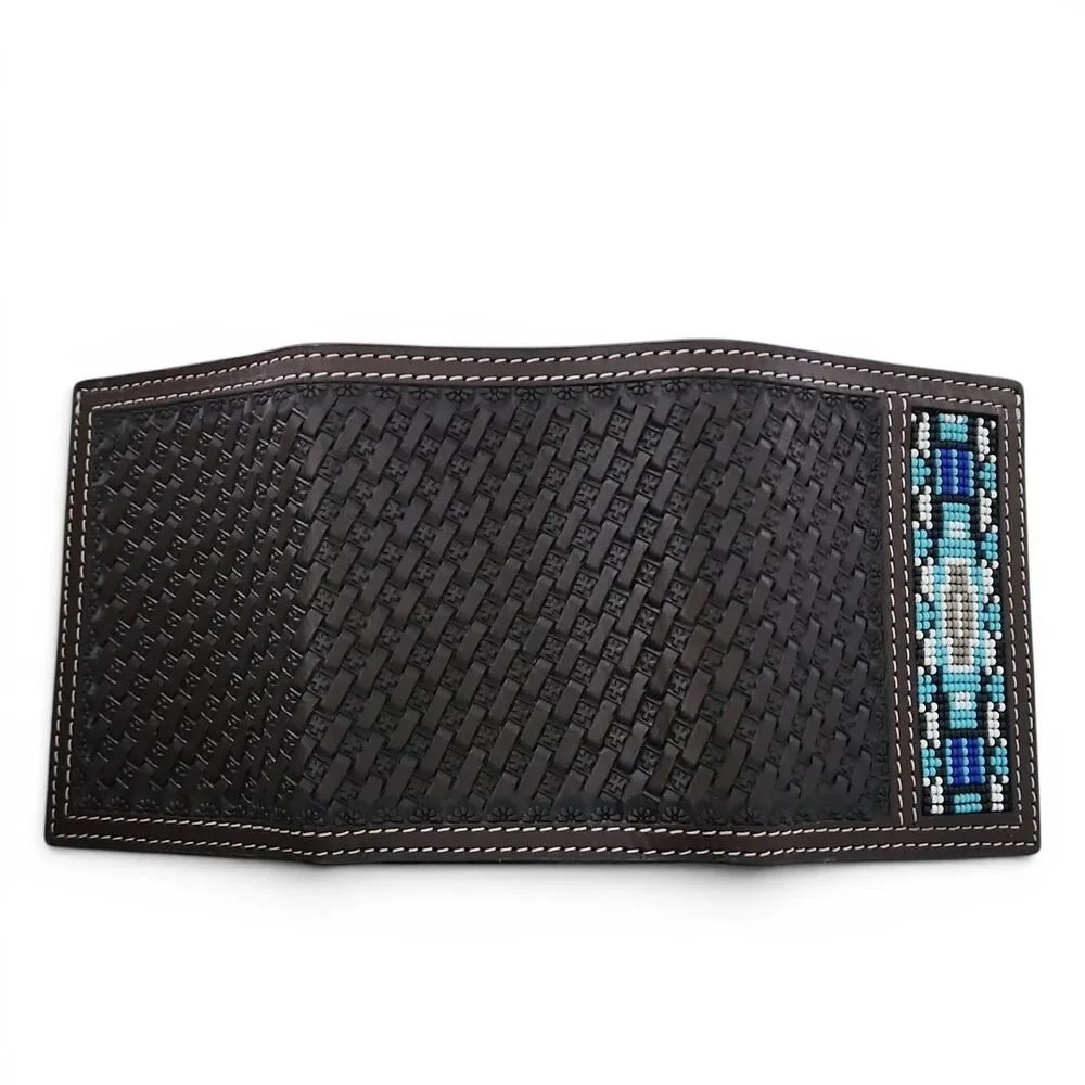 Ranger Belt Co H1052T Trifold Wallet Beaded Inlay Basketweave Leather Dark Brown